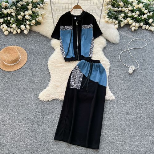 Leopard print patchwork hooded sweatshirt high waisted split hip skirt set
