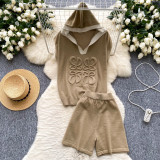 3D relief hooded sleeveless knitted top, high waist wide leg shorts