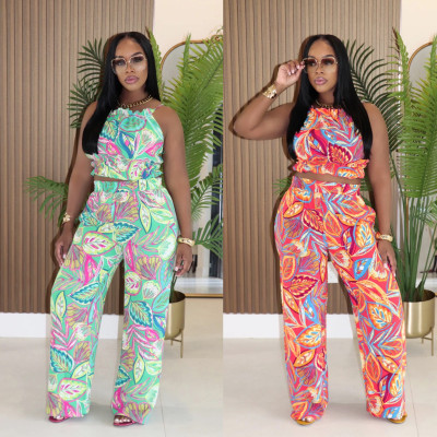 Printed set, high neck hanging vest, high waist long pants, two-piece set