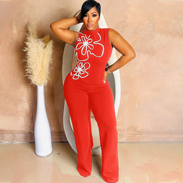 Round neck sleeveless one-piece floral jumpsuit pants