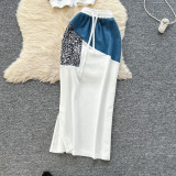 Leopard print patchwork hooded sweatshirt high waisted split hip skirt set