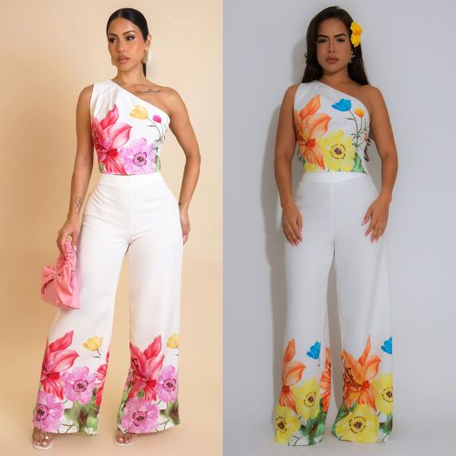 Elastic wide leg pants diagonal shoulder two-piece set