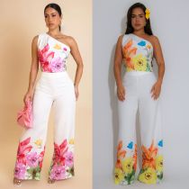 Elastic wide leg pants diagonal shoulder two-piece set Elastic wide leg pants diagonal shoulder two-piece set