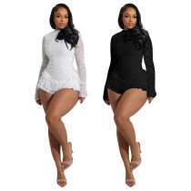 Lace long sleeved shorts with fungus edge backless jumpsuit Lace long sleeved shorts with fungus edge backless jumpsuit