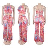 Printed set, high neck hanging vest, high waist long pants, two-piece set