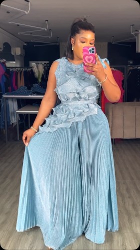 Large size hot stamping sleeveless irregular top loose wide leg pants set