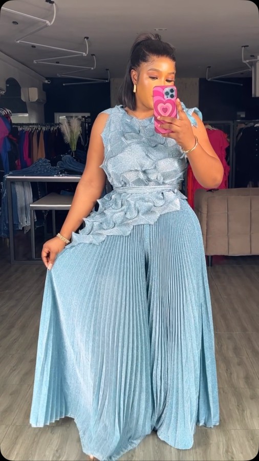 Large size hot stamping sleeveless irregular top loose wide leg pants set