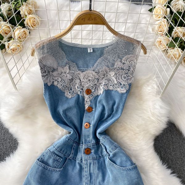 Lace patchwork V-neck sleeveless denim dress