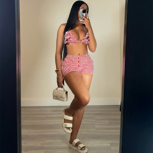 Open navel and back strap wrapped chest plaid shorts set