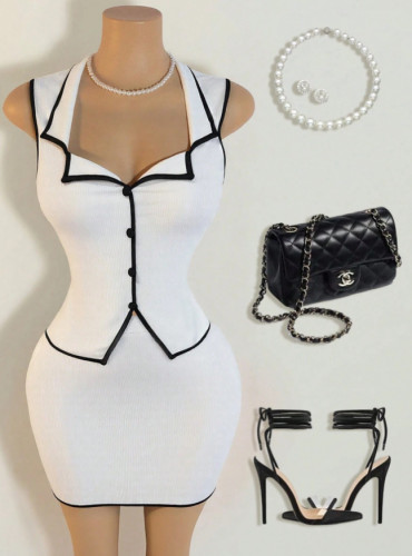 Color blocking pit stripe V-neck hip hugging short skirt set