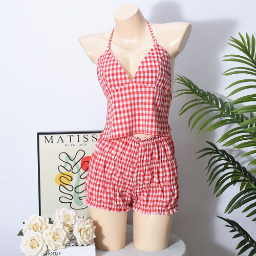 Chest tied top with elastic plaid shorts two-piece set