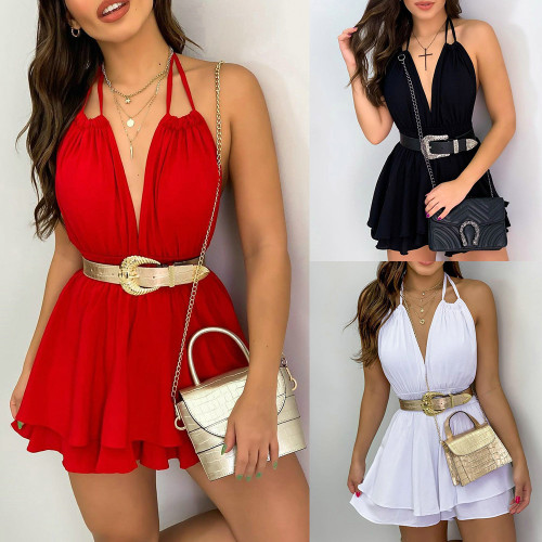 Lotus leaf edge hollowed out backless hanging neck chiffon dress