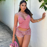 Chest tied top with elastic plaid shorts two-piece set