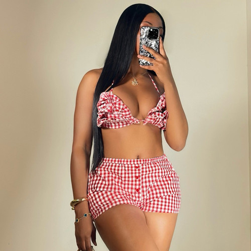 Open navel and back strap wrapped chest plaid shorts set