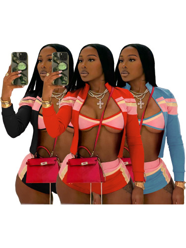 Printed splicing long sleeved one line chest binding strap three piece set HR25029