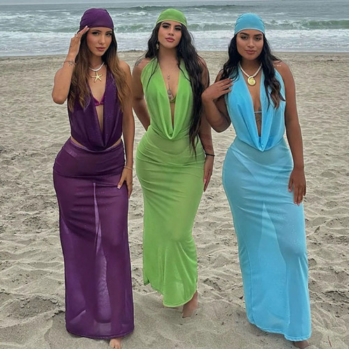 Deep V-pile collar tied vest, headscarf, long skirt, three piece set