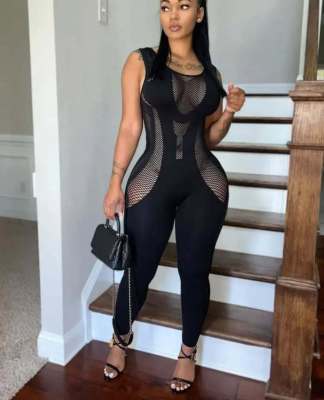 Sexy hollow underwear, neck hanging mesh, backless swimsuit, jumpsuit