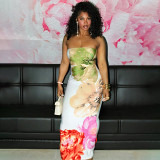Sleeveless strapless floral print dress with buttocks