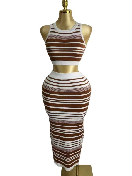 Two piece set of striped round neck vest, hip hugging knitted dress