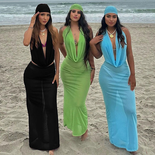 Deep V-pile collar tied vest, headscarf, long skirt, three piece set