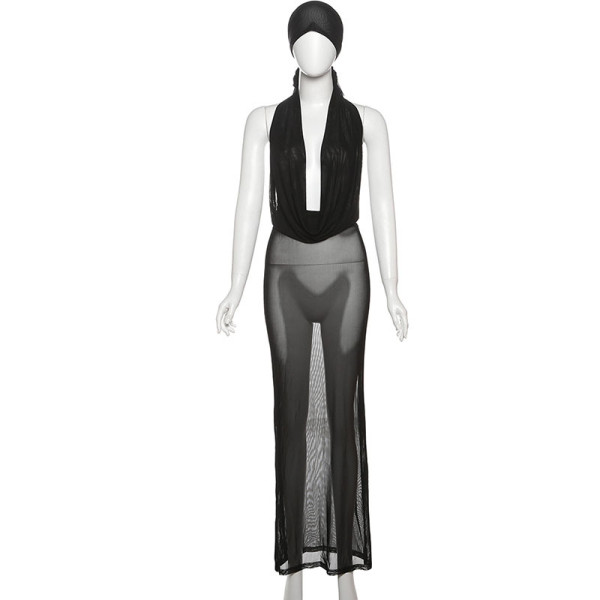 Deep V-pile collar tied vest, headscarf, long skirt, three piece set