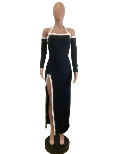 White border hollow high slit hanging neck dress