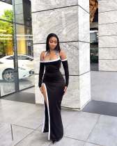 White border hollow high slit hanging neck dress White border hollow high slit hanging neck dress