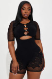 Mesh see through high waisted long sleeved tight fitting hip hugging jumpsuit