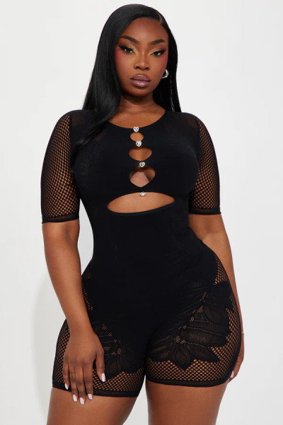 Mesh see through high waisted long sleeved tight fitting hip hugging jumpsuit