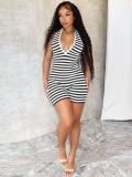 Striped printed hanging neck backless jumpsuit shorts