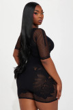 Mesh see through high waisted long sleeved tight fitting hip hugging jumpsuit