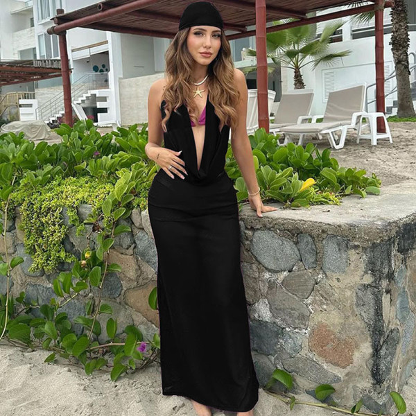 Deep V-pile collar tied vest, headscarf, long skirt, three piece set
