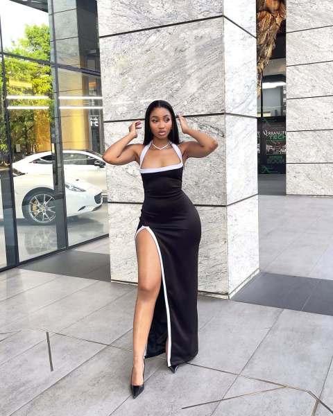 White border hollow high slit hanging neck dress