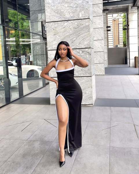 White border hollow high slit hanging neck dress