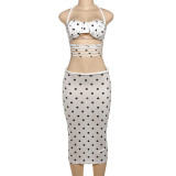 Twisted neck hanging polka dot printed crop top long skirt set