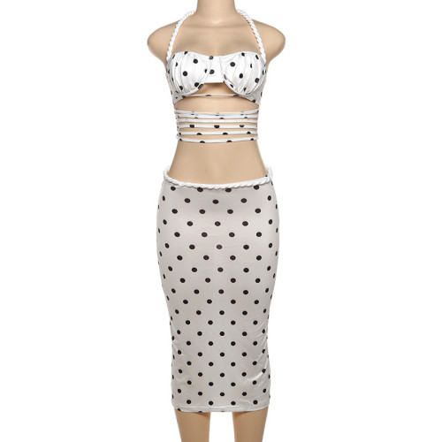 Twisted neck hanging polka dot printed crop top long skirt set