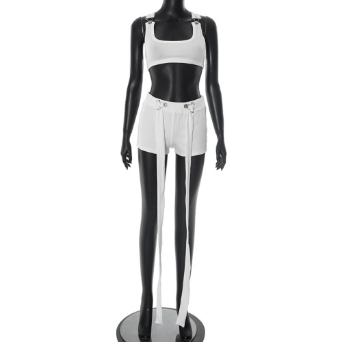 Pit strap buckle ultra short vest waist exposed three part set