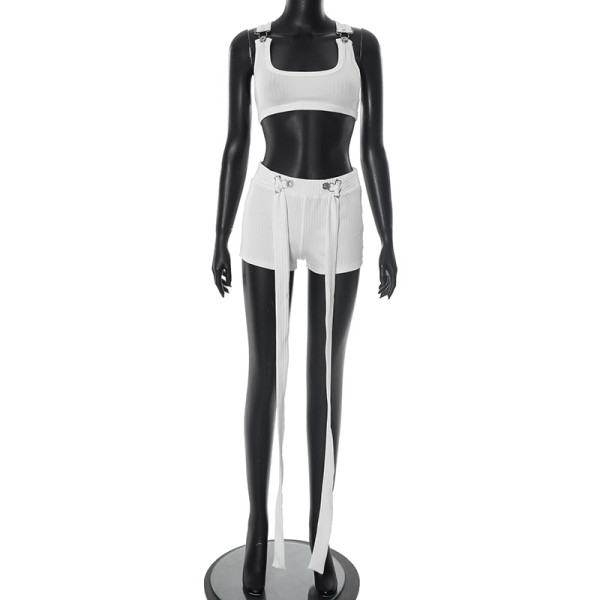 Pit strap buckle ultra short vest waist exposed three part set