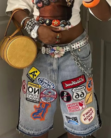 Personality Vintage Embroidered Sticker Loose Jeans Shorts MCY859076744257