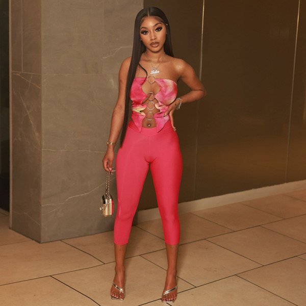 Printed circular ring splicing hollowed out strapless top and cropped pants set