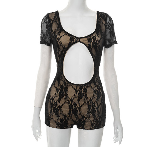 Lace patchwork square neck front and back hollow out belt lined three part jumpsuit