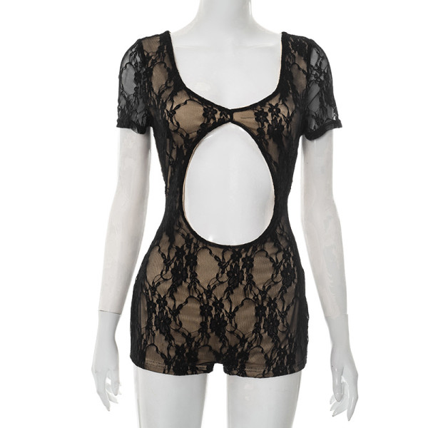 Lace patchwork square neck front and back hollow out belt lined three part jumpsuit