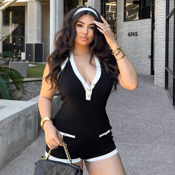 Hanging neck tie rope backless button fake pocket ultra short waist cinching jumpsuit