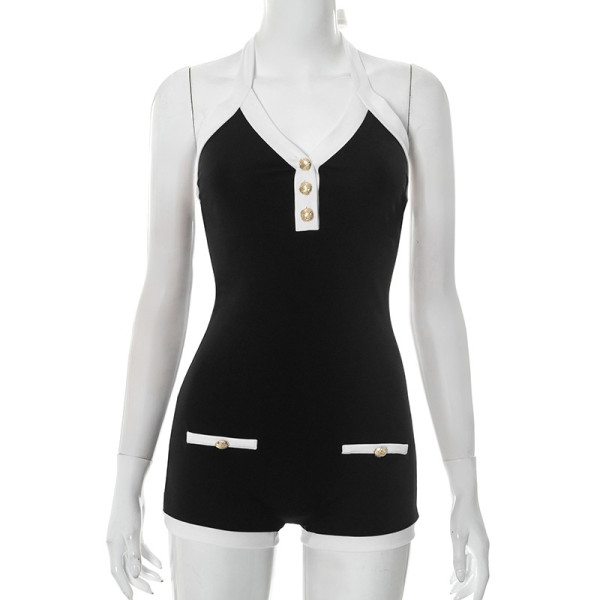 Hanging neck tie rope backless button fake pocket ultra short waist cinching jumpsuit