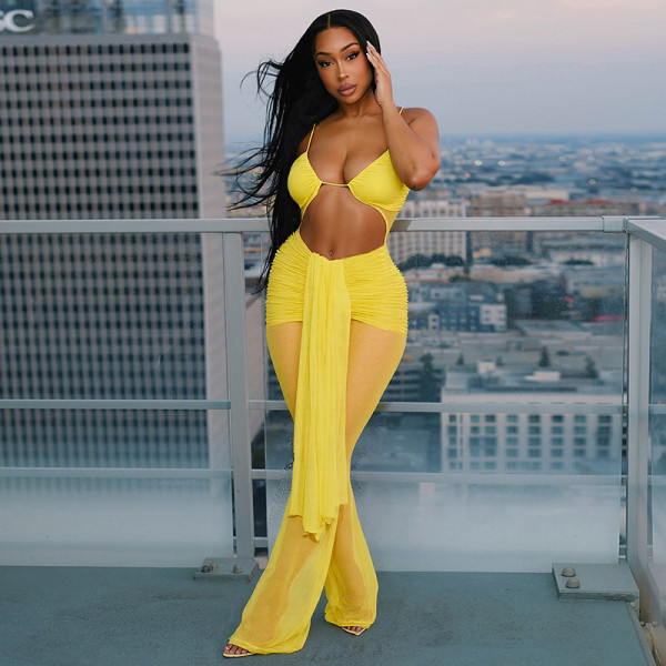 Hanging neck and exposed waist mesh drawstring see through hollow ribbon jumpsuit