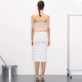Twisted neck hanging polka dot printed crop top long skirt set