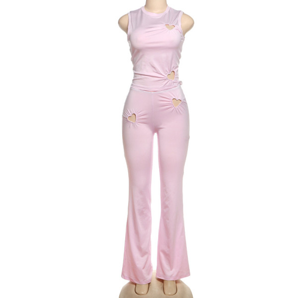 Minimally designed heart-shaped hollow sleeveless vest and pants set