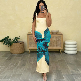 Printed bag buttocks exposed back sleeveless suspender jumpsuit long skirt