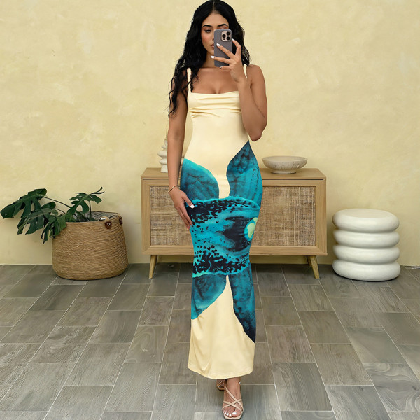 Printed bag buttocks exposed back sleeveless suspender jumpsuit long skirt