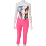 Printed circular ring splicing hollowed out strapless top and cropped pants set